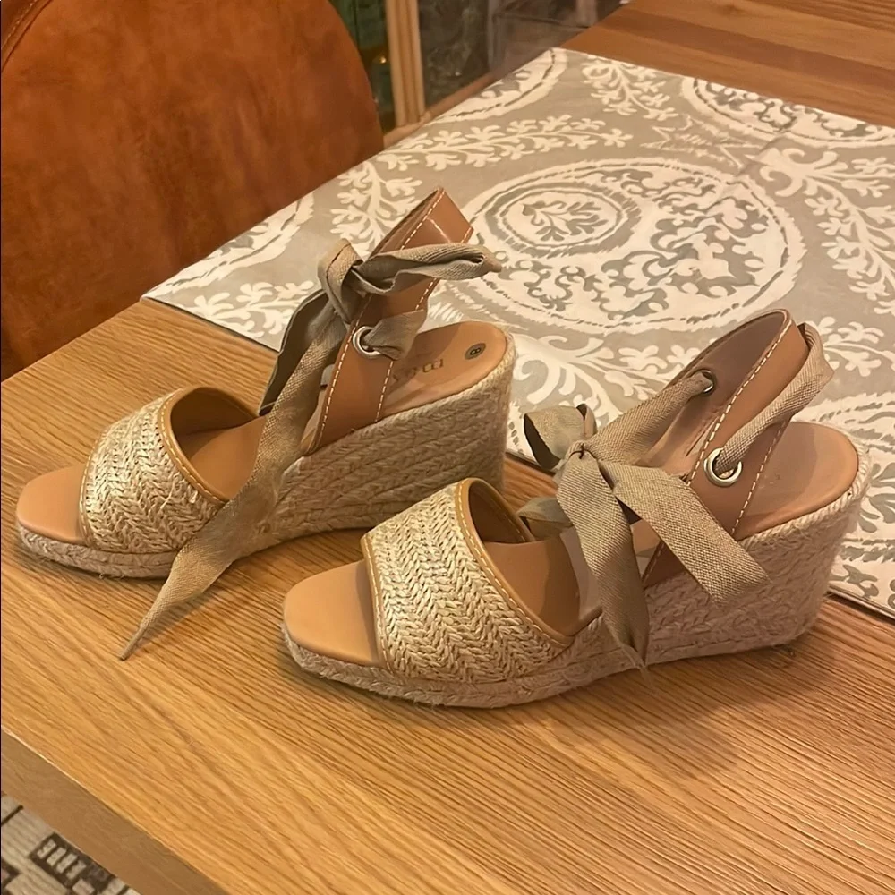 Woven Espadrille Platform Sandals with Ankle Tie - Tan